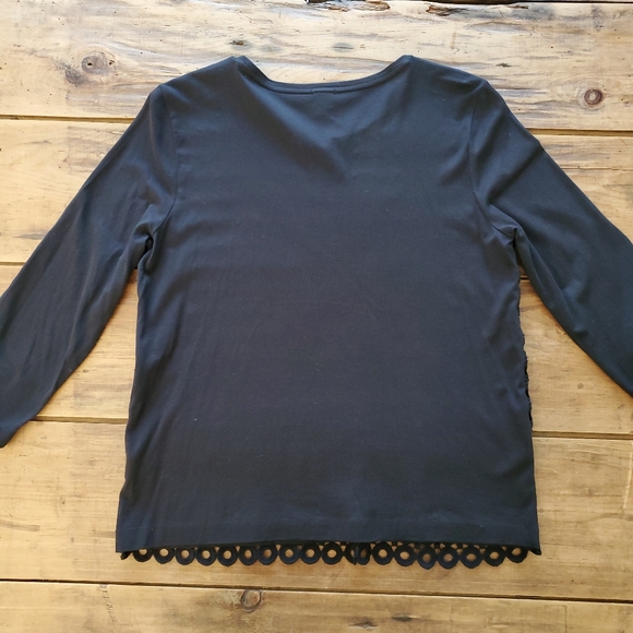 J. Crew 3/4 Sleeve Lace Front Cotton Crew Neck Black Top Medium - Picture 5 of 12